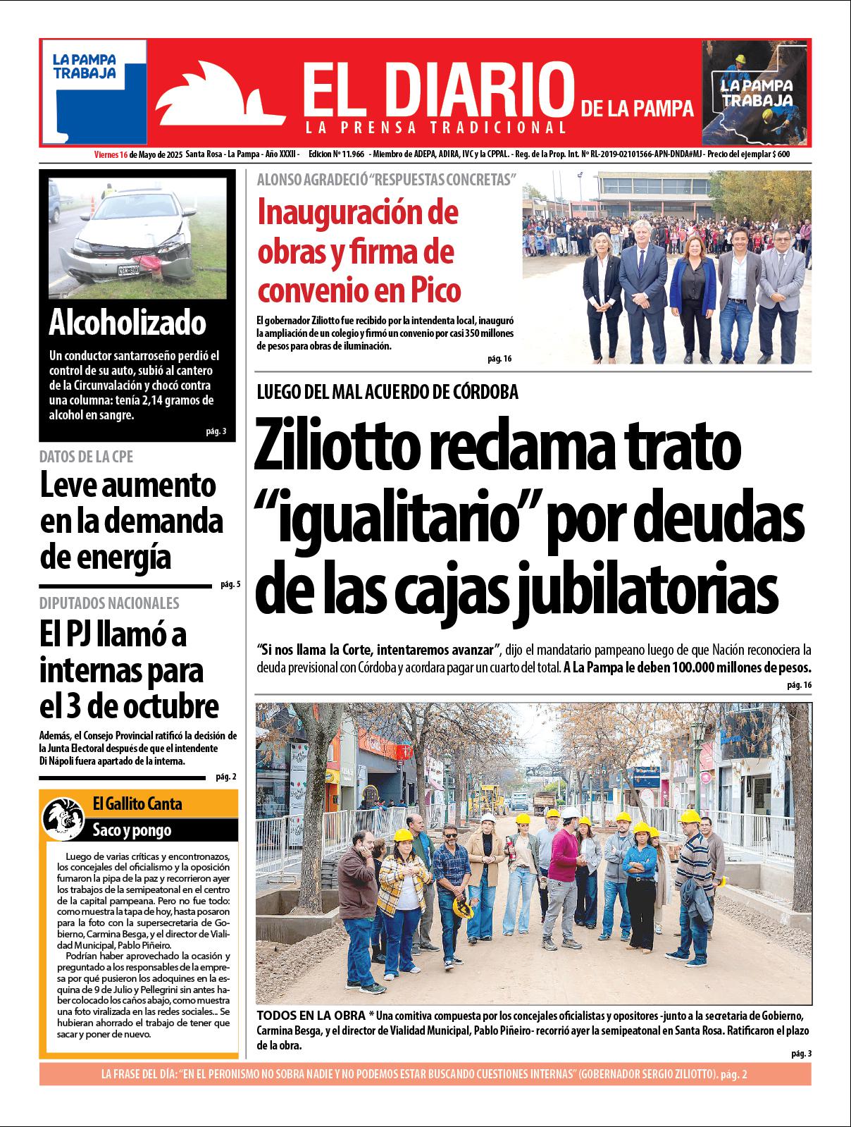 Tapa de El Diario en papel  viernes 16 de mayo de 2025